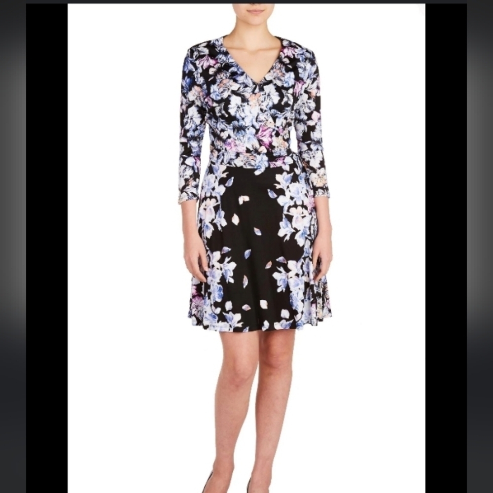 Peter Nygard Classic Floral Faux Wrap Comfy V Neck Soft Long Sleeve Dress